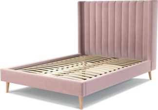 An Image of Custom MADE Cory Double size Bed, Heather Pink Velvet with Oak Legs