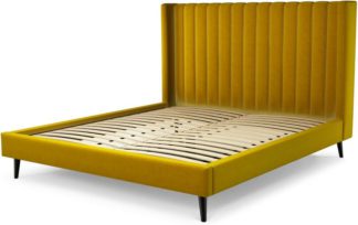 An Image of Custom MADE Cory Super King size Bed, Saffron Yellow Velvet with Black Stained Oak Legs