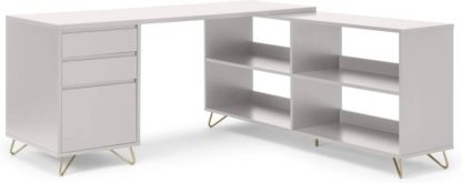 6e374675c854b67fd1ed391aaa3c4f84f97e4f03ef015950b5594c594a8a9ec8.jpg An Image of Elona Corner Desk with Open Sideboard, Ivory White & Brass