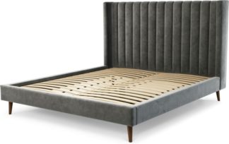 An Image of Custom MADE Cory Super King size Bed, Steel Grey Velvet with Walnut Stained Oak Legs