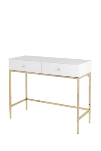 An Image of Stiletto Toughened White Glass and Brass Console Table