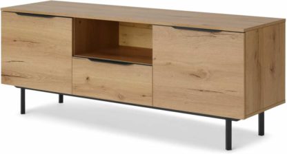 853a216e6eeac7d986579ce50a0d40f222ec52667017c773d990915205e1338a.jpg An Image of Damien Wide Media Unit, Distressed Oak Effect & Black