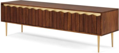 An Image of Talin Wide Media Unit, Walnut Stain Acacia Wood & Brass