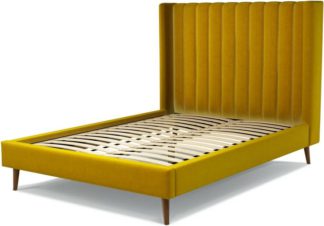An Image of Custom MADE Cory Double size Bed, Saffron Yellow Velvet with Walnut Stained Oak Legs