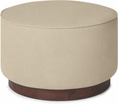 An Image of Hetherington Large Wooden Pouffe, Stone Corduroy Velvet with Dark Stain Wood