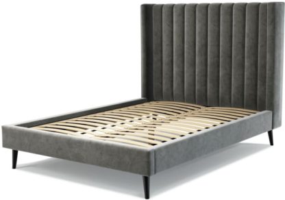 An Image of Custom MADE Cory Double size Bed, Steel Grey Velvet with Black Stained Oak Legs