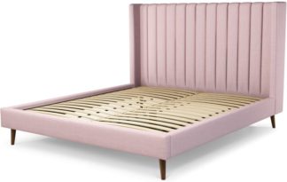 An Image of Custom MADE Cory Super King size Bed, Tea Rose Pink Cotton with Walnut Stained Oak Legs