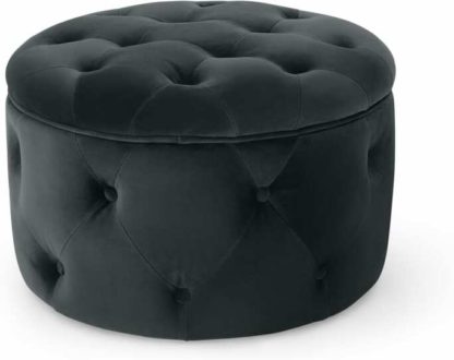 An Image of Hampton Small Round Storage Pouffe, Midnight Grey Velvet