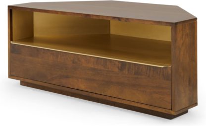 cb33c45ba4d0571bba8f90c098afb639e724a03d48ea936f5df6d12949187ba2.jpg An Image of Anderson Corner TV Stand, Mango Wood & Brass