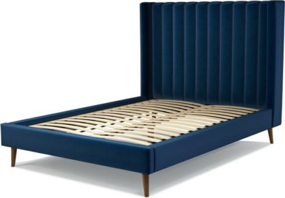 An Image of Custom MADE Cory Double size Bed, Regal Blue Velvet with Walnut Stained Oak Legs