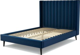 An Image of Custom MADE Cory Double size Bed, Regal Blue Velvet with Black Stained Oak Legs