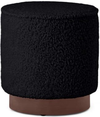 An Image of Hetherington Pouffe, Small, Black Faux Sheepskin & Dark Stain Wood