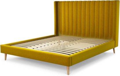 An Image of Custom MADE Cory Super King size Bed, Saffron Yellow Velvet with Oak Legs
