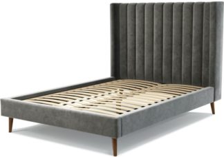 An Image of Custom MADE Cory Double size Bed, Steel Grey Velvet with Walnut Stained Oak Legs