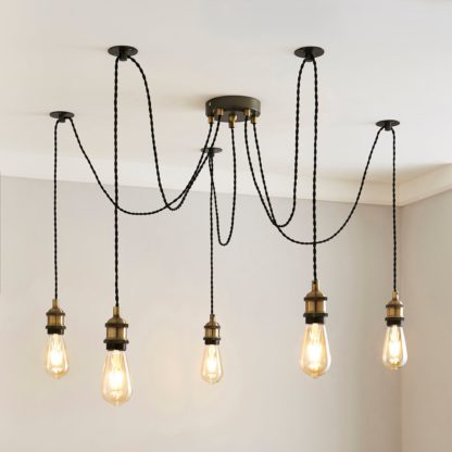 03e6b71c35282d94a61e70ea05884902bdbe0bbfcf9d7f305d1cba3b2bd4a6fc-1.jpg An Image of Logan 5 Light Spider Antique Brass Industrial Cluster Flex Fitting Industrial dark Nickel, Antique Brass