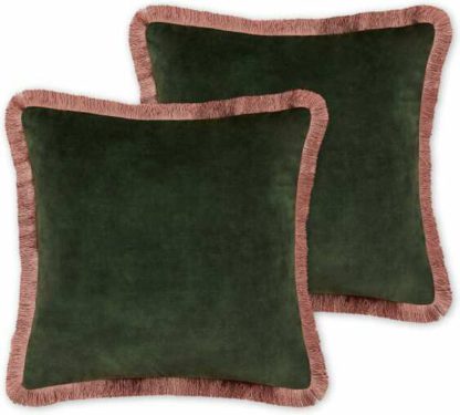 An Image of Kili Set of 2 Fringed Velvet Cushions, 45 x 45cm, Dark Green & Pink