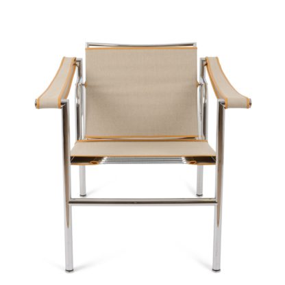 An Image of Cassina LC1 Armchair Chrome Ecru Canvas & Natural