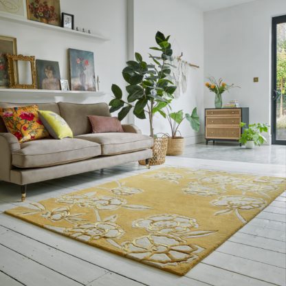 An Image of Fleur Floral Wool Mix Rug Yellow