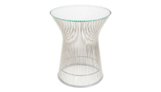 An Image of Knoll Platner Side Table Polished Nickel Base Clear Glass Top