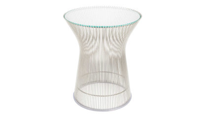 An Image of Knoll Platner Side Table Polished Nickel Base Clear Glass Top