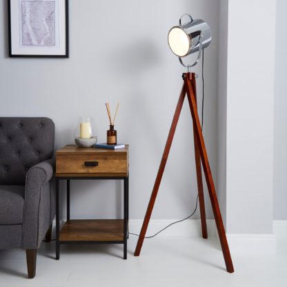 An Image of Carlton Camera Tripod Wood Floor Lamp Silver