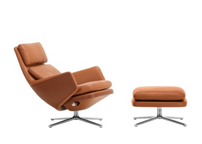 An Image of Vitra Grand Relax Chair & Ottoman Cognac Leather Polished Base Felt Glides