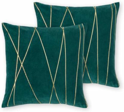 An Image of Lonford Set of 2 Velvet Cushion, 45x45, Peacock Green & Gold