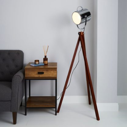 An Image of Carlton Camera Tripod Wood Floor Lamp Silver