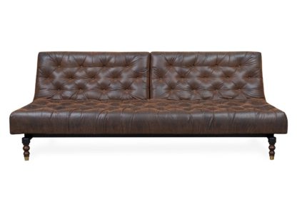3e6d023e0dfa4626b63362bd48f5baf51753f88b17c3f4f2859e53c92ee383fb.jpg An Image of Heal's 40 Winks Sofa Bed In Antique Faux Leather Brown Dark Turned Feet