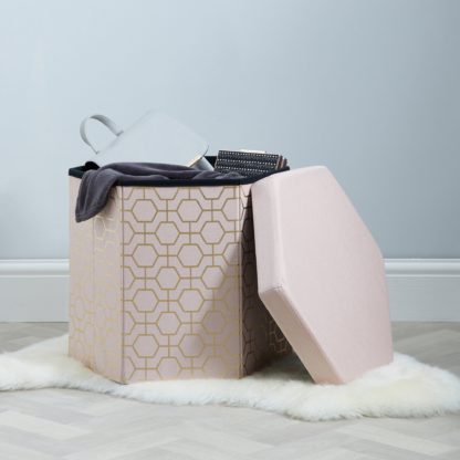 An Image of Blush Pink Hexagonal Geometric Foldable Ottoman Pink and Gold