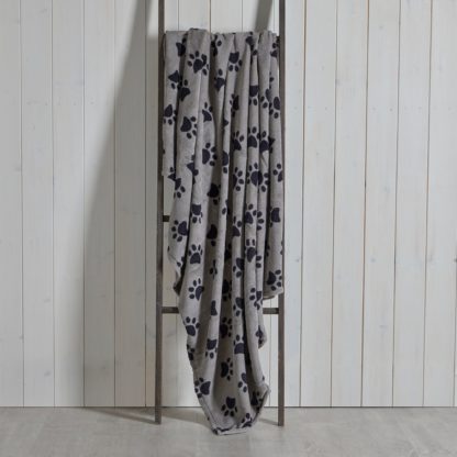 An Image of Paw Printed Fleece 130cm x 170cm Throw Charcoal