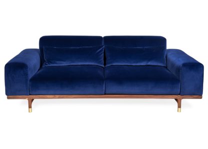 An Image of Porada Argo 2 Seater Sofa Dark Blue Velvet Walnut Brass Feet