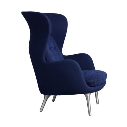 An Image of Fritz Hansen Ro Easy Chair Dark Blue Fabric Aluminium Legs