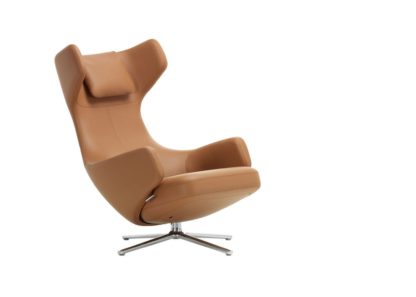 An Image of Vitra Grand Repos Chair Premium Leather Ochre Polished Base Glides for