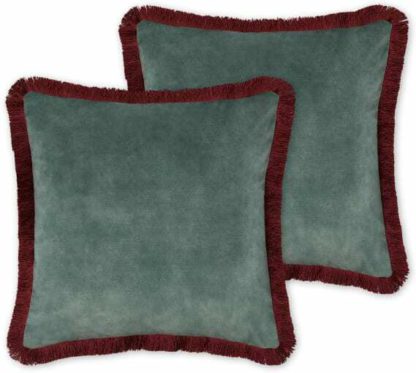 An Image of Kili Set of 2 Fringed Velvet Cushions, 45 x 45cm, Dark Teal & Burgundy