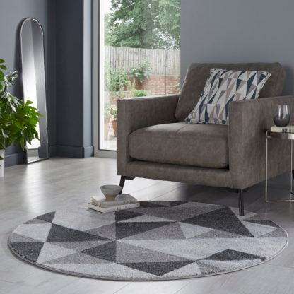 An Image of Geo Squares Circle Rug Yellow, Grey and White