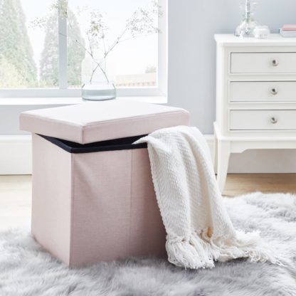 An Image of Faux Linen Blush Foldable Cube Ottoman Pink