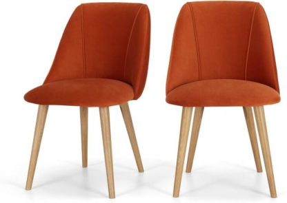 An Image of Lule Set of 2 Dining Chairs, Flame Orange Velvet & Oak
