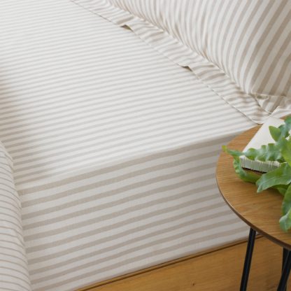 An Image of Hebden Natural Stripe 100% Cotton Fitted Sheet Cream
