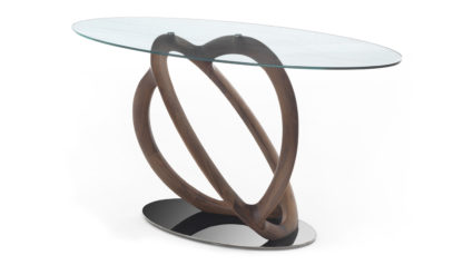 An Image of Porada Kosmo Console Walnut Transparant Glass Chrome Metal Base