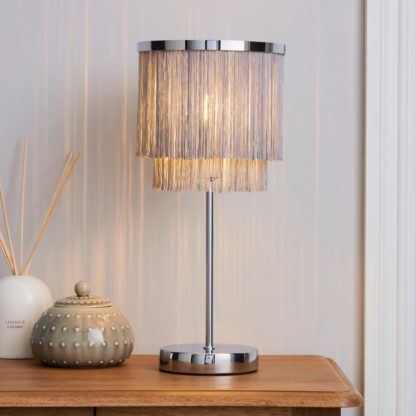 An Image of Jaz Fringe Grey Table Lamp Grey and Silver