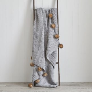 An Image of Chunky Knit Faux Fur Pom Pom 130cm x 180cm Throw Grey