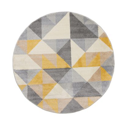 An Image of Geo Squares Circle Rug Yellow, Grey and White