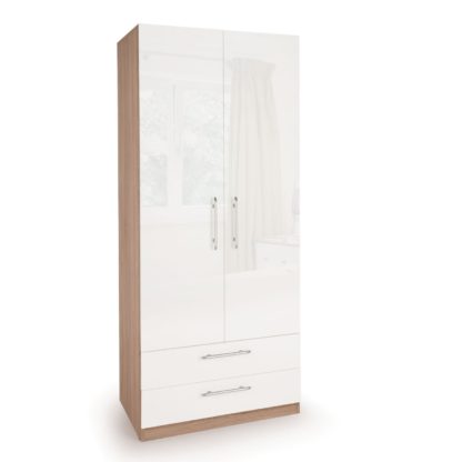 b5f032a6d6c0798137a21831a167dcdd12997106756e3a0792a51071d87825cf-1.jpg An Image of Kew High Gloss 2 Drawer Single Wardrobe White/Natural