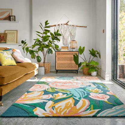 An Image of Artist Floral Wool Rug Green, Yellow and Pink