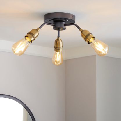 An Image of Marsden 3 Light Antique Brass Industrial Semi-Flush Ceiling Fitting Brass Nickel