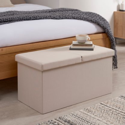 An Image of Split Lid Cream Ottoman Faux Linen Cream