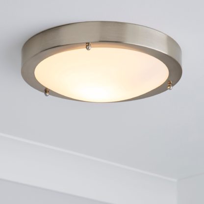 An Image of Pluto 1 Light Frosted Glass Flush Ceiling Fitting Silver