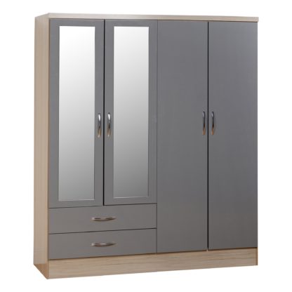 An Image of Nevada 4 Door 2 Drawer Grey Mirrored Wardrobe Grey