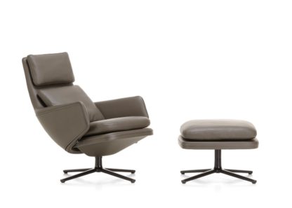 An Image of Vitra Grand Relax Chair & Ottoman Leather Umbra Grey Basic Dark Metal Base